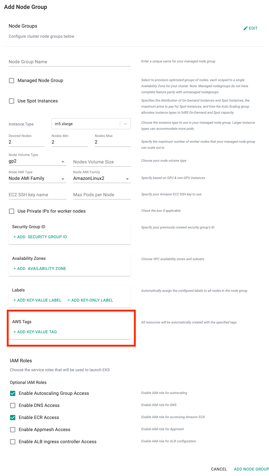 AWS Tags Node Group Addition