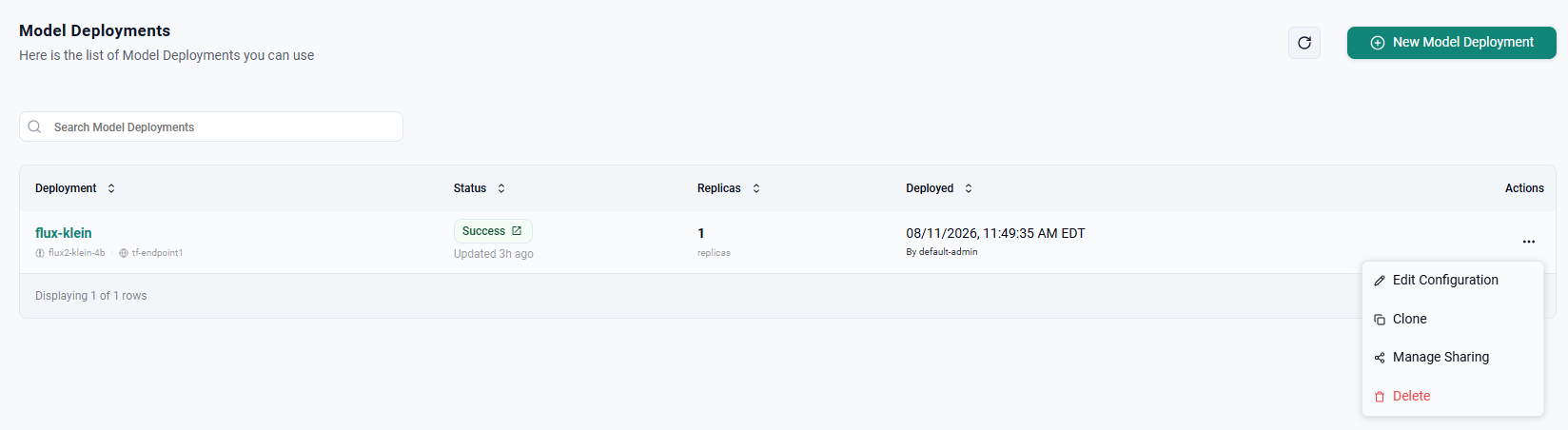 Model Deployments Actions Menu
