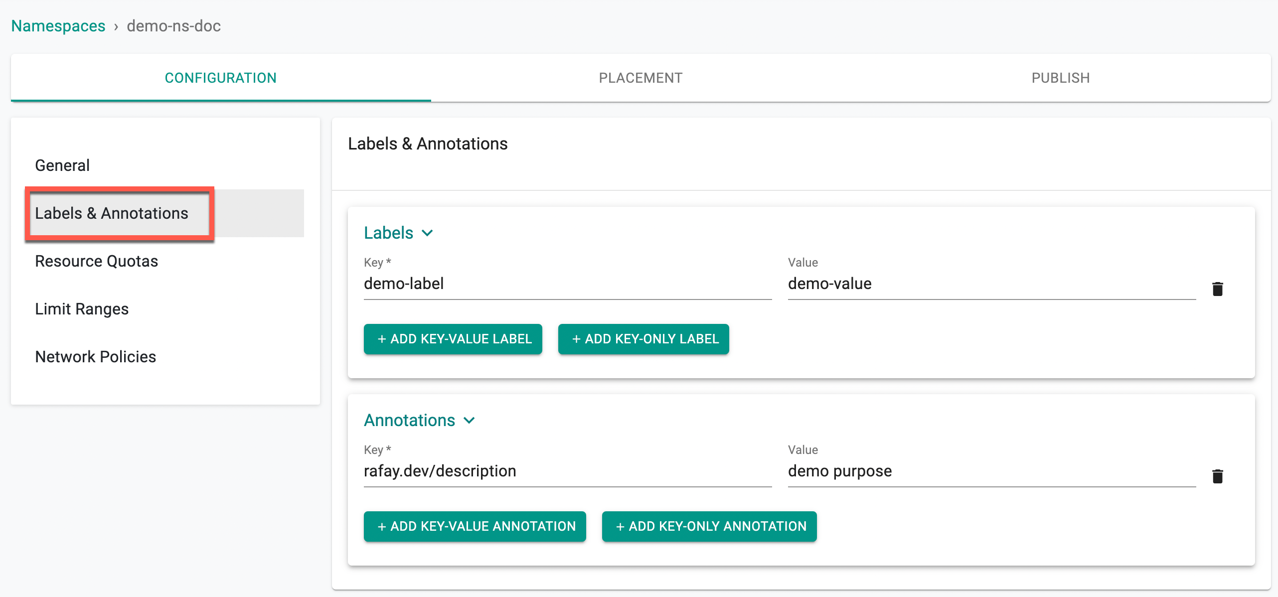 Namespace General Configuration