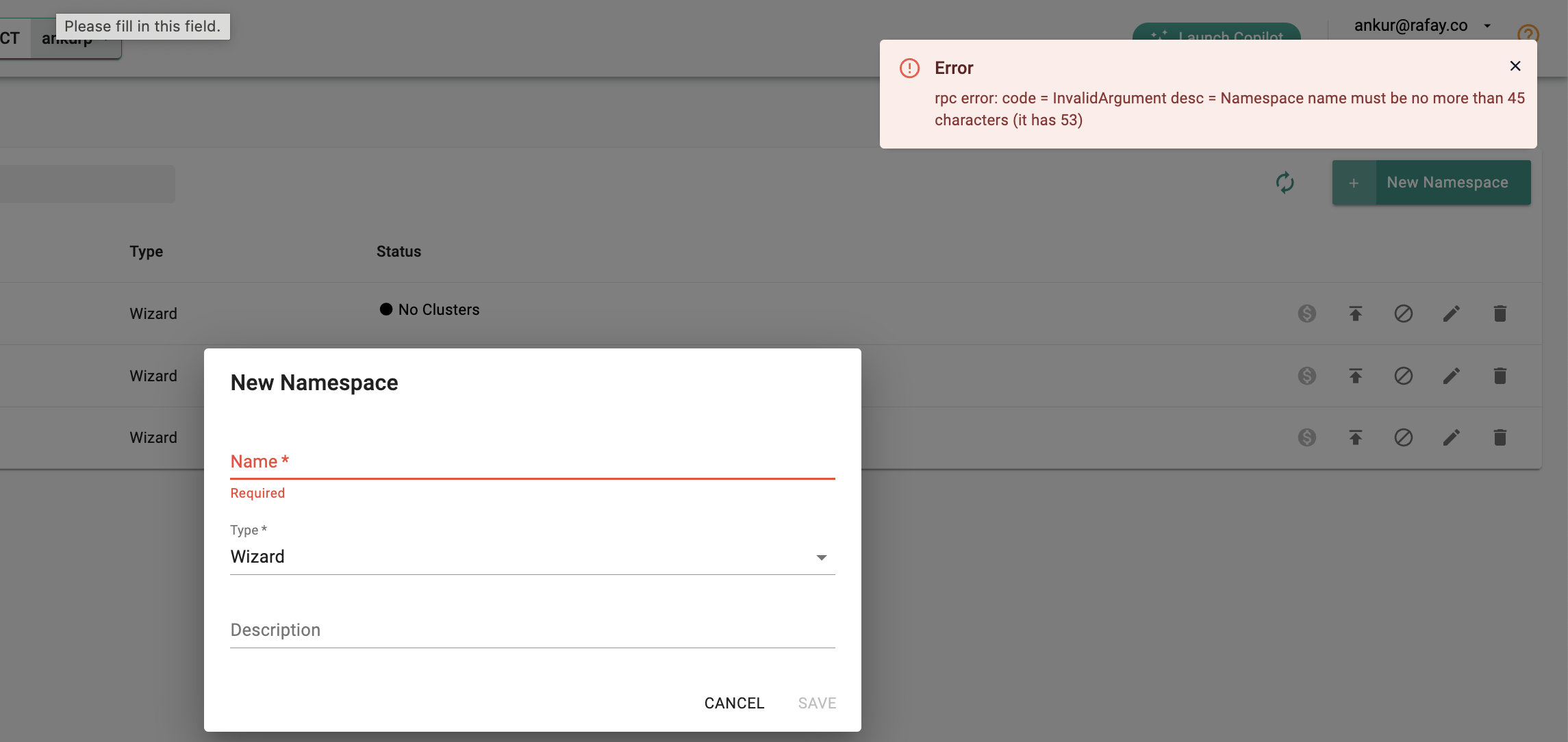 Namespace Name Length Error