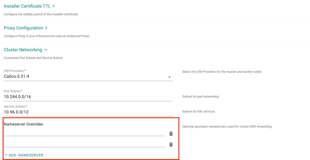 MKS Nameserver Overrides in cluster networking settings