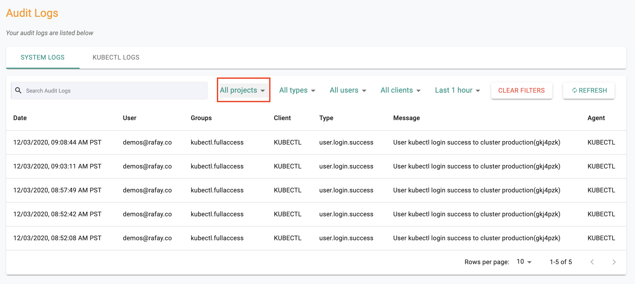 Audit Logs Project Filter